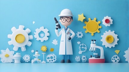 Poster - Engineer with Microscope in Paper Cut Style Symbolizing Research and Development