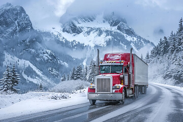 Wall Mural - Classic American big rig semi truck on the road in the mountains