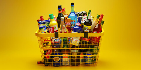 Close-up photography of a Supermarket Shopping Cart or Basket Full of Grocery Products Floating Fresh Fruits and Vegetables and Bottles on a Lively Landscape Yellow Background. Huge Copy Space