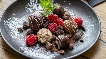 Gourmet Chocolate Truffles with Raspberries and Mint on a Black Plate