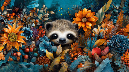 Wall Mural -   A painting of a baby raccoon among flowers and scattered pine cones on the ground