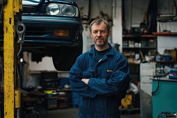 Wall Mural - Portrait of a handsome young mechanic working on a car in a garage