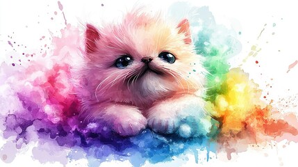 Poster -   A kitten with blue eyes lies on a background of watercolor-splattered paints