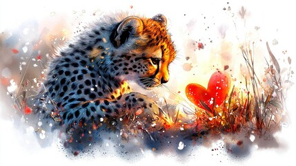 Wall Mural -   A painting of a cheetah in a field of grass with a heart-shaped object in the foreground is optimized to 22 tokens