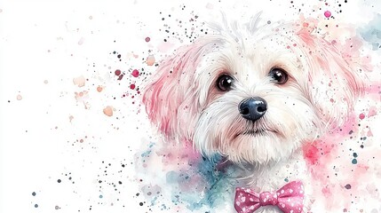 Wall Mural -  Watercolor painting of a white dog in a pink bow tie and collared pink spot