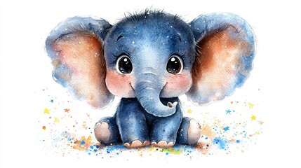 Poster -   An elegant watercolor depiction of an elephant adorned with starry accents on its head and tusks, perched serenely on the earthy terrain (