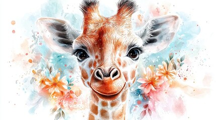 Wall Mural -  Watercolor painting of a giraffe's face surrounded by flowers on a blue sky background