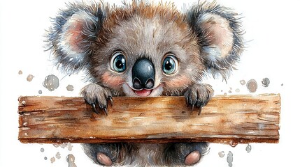 Wall Mural -  A watercolor koala holding a stick with paws on wood