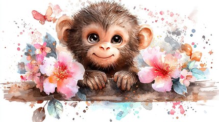   Watercolor of a monkey with flowers & butterfly