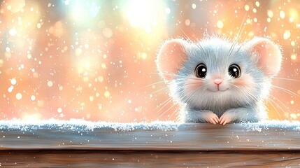 Poster -   A little mouse peeks from behind wood as snow falls