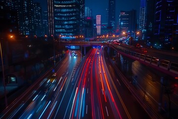 Wall Mural - car lights on the road in a modern city at night