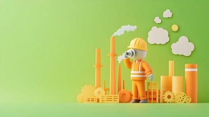 Poster - Industrial Engineer with Gears and Factory in Paper Cut Style Representing Engineering Concepts