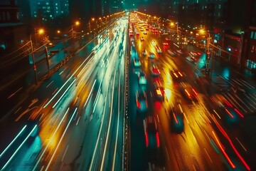 Wall Mural - car lights on the road in a modern city at night