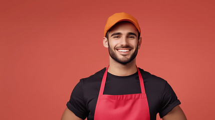 Smiling young man in a red apron and orange cap on a red background