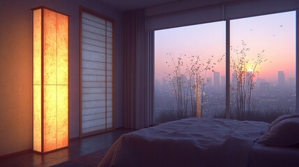 Wall Mural -   Large bedroom with a city view through a window facing sunset