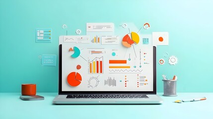 Poster - Laptop with Data Analysis Charts in Paper Cut Style for Business and Finance