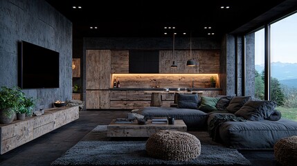 Wall Mural -   A spacious living room brimming with an assortment of furniture and a sleek flat-screen TV suspended on a wooden wall