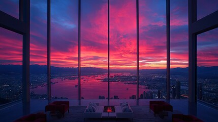 Wall Mural - a cozy living room, brimming with furnishings and a roaring fireplace, graces the expansive window o