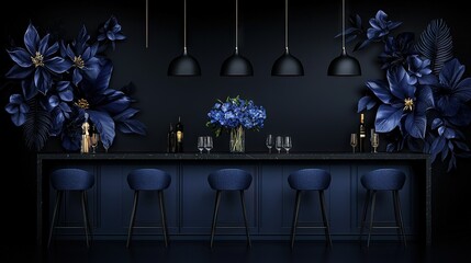   A blue-flowered bar adorned with wine glasses