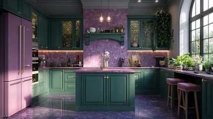 Wall Mural -  A modern kitchen boasts purple and green cabinets, a sleek marble countertop, and a vibrant island in its center