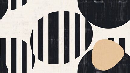 Poster - Geometric Harmony: A minimalist abstract pattern featuring black and white stripes, solid circles, and an organic shape on a textured beige background.