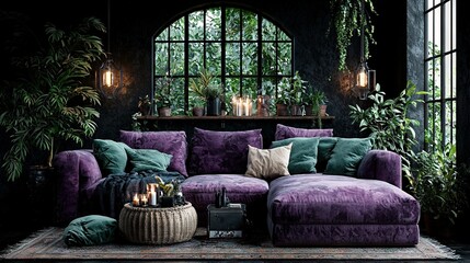 Wall Mural -   A couch, purple and cushioned, sits in front of a window, with a nearby table adorned with candles and a potted plant placed atop it