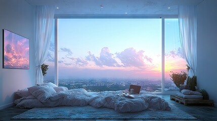 Wall Mural - large city view from floor-to-ceiling window sill in bedroom