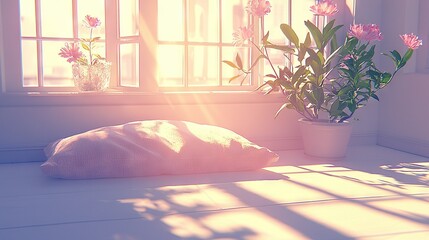 Wall Mural -   A pink pillow on a white floor near a potted plant on a window sill