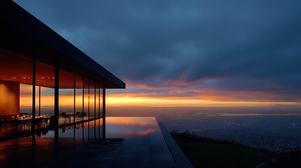 Wall Mural -   A stunning view of the sunset over the city skyline from a rooftop pool is captured in this photo