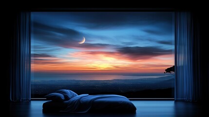 Wall Mural -  A bed facing the ocean and crescent moon through a window