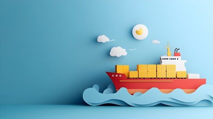 Poster - Minimalist Paper Cut Cargo Ship with Containers Representing Maritime Shipping