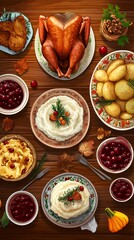 Wall Mural - Overhead view of a Thanksgiving dinner table setting with a roasted turkey, mashed potatoes, cranberry sauce, and roasted potatoes.