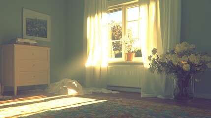 Wall Mural -   Room with bed, dresser, sunlight through curtain-draped window