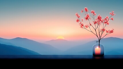 Wall Mural - a vase holding a flower rests atop a table in front of majestic mountains bathed in sunset hues