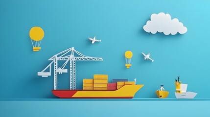 Poster - Minimalist Paper Cut Representation of Import Export Logistics at Port