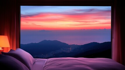 Wall Mural -   A cozy bed sits beneath a window, offering a breathtaking view of both a majestic mountain and the vibrant cityscape beyond A soft lamp graces the edge of the bed