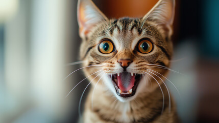 Wall Mural - Excited tabby cat with mouth open and wide eyes in closeup