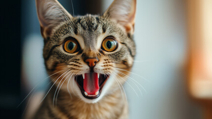 Wall Mural - Excited tabby cat with mouth open and wide eyes in closeup