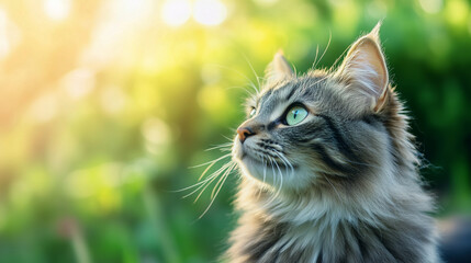 Wall Mural - Curious tabby cat in lush green grass looking up with wide eyes