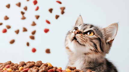 Wall Mural - Curious tabby kitten looking up at falling cat food with anticipation