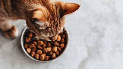 Wall Mural - Orange tabby cat eating from a bowl of kibble on a marble surface