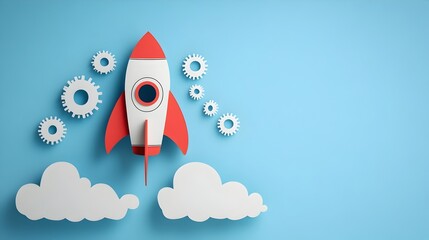 Poster - Minimalist Rocket with Gears Symbolizing Aerospace Engineering in Paper Cut Style