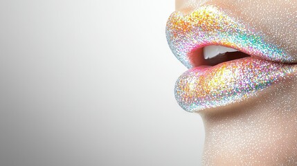 Wall Mural -   Close-up of a person's mouth adorned with glitter, set against a plain white backdrop