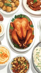 Wall Mural - A delicious Thanksgiving dinner with a roasted turkey, mashed potatoes, stuffing, and other side dishes.