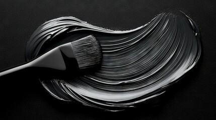   A monochrome picture of a brush with white paint stripes adjacent to it against a dark backdrop