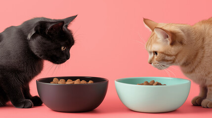 Wall Mural - Black and ginger cats eating from bowls on pink background