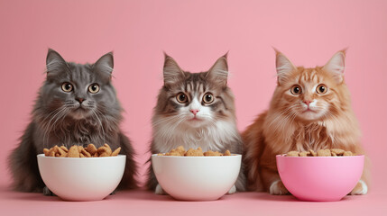 Three fluffy cats eating from white bowls against pink background