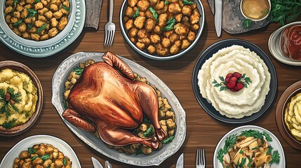 Wall Mural - Roasted Turkey on a platter surrounded by mashed potatoes, stuffing, and gravy.