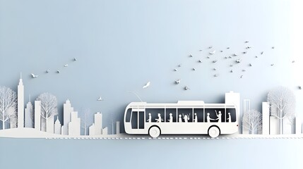 Poster - Paper Cut City Bus Symbolizing Urban Commuting in Minimalist Style