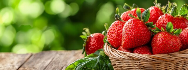 Poster -  A wicker basket brimming with red, ripe strawberries sits atop a weathered wooden table Verdant greenery adorns the background